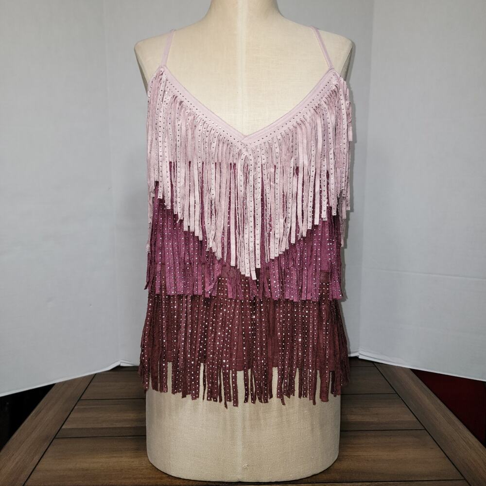 Main Strip Purple Faux Suede Fringe Tank w/ Bling - Size Large